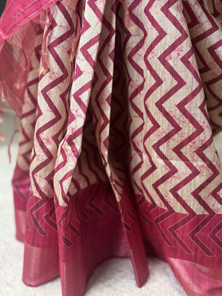 Pink & Off-White Tussar Silk Saree