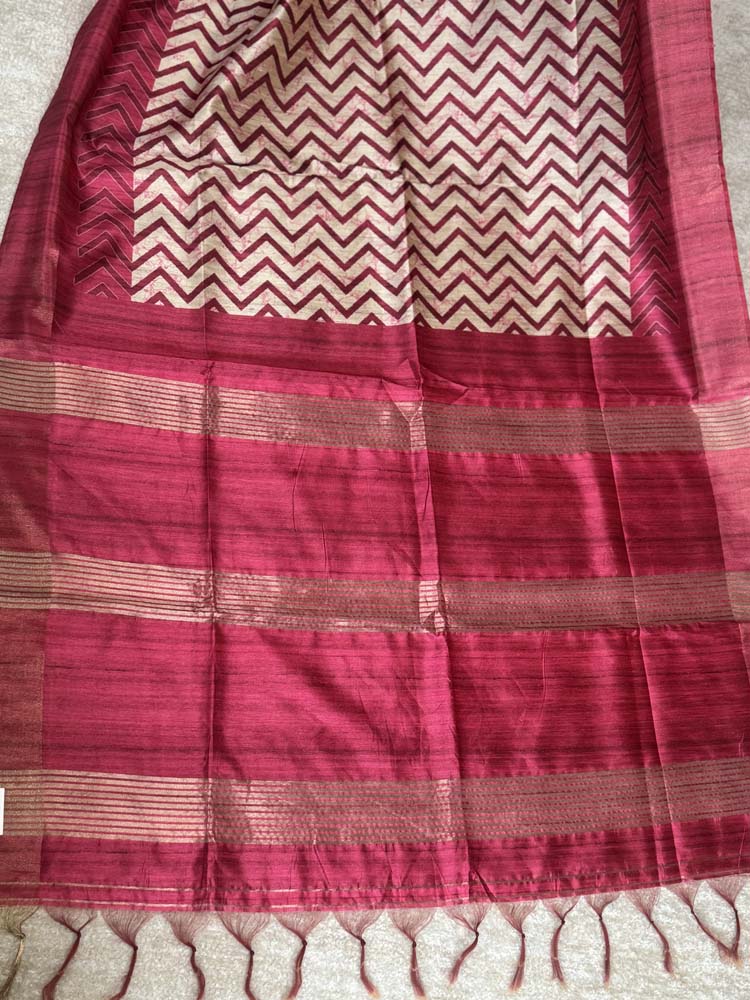 Pink & Off-White Tussar Silk Saree