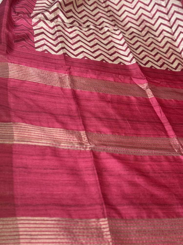 Pink & Off-White Tussar Silk Saree