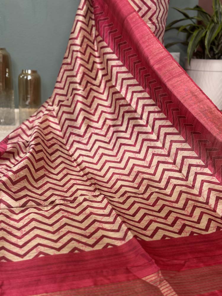 Pink & Off-White Tussar Silk Saree