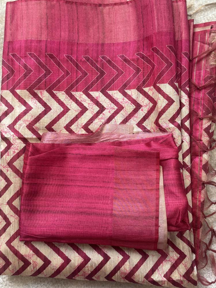 Pink & Off-White Tussar Silk Saree