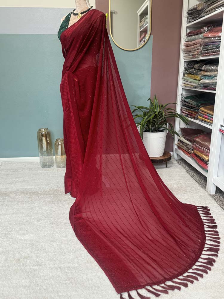 Maroon Semi Chiffon Saree with Crystals