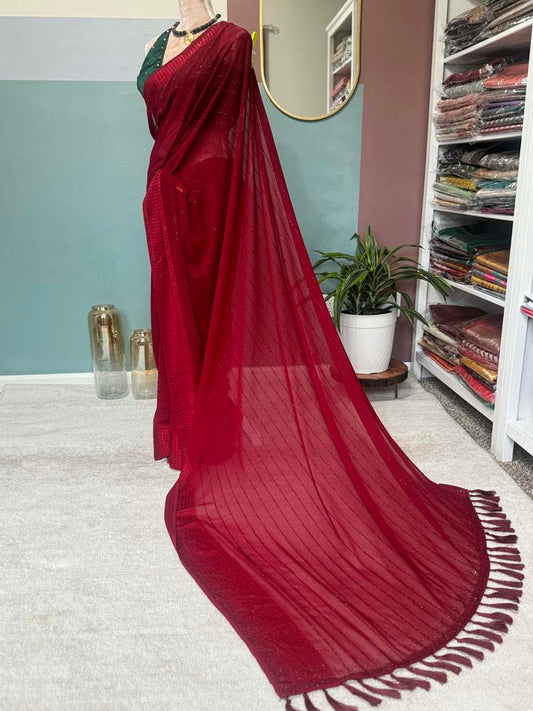 Maroon Semi Chiffon Saree with Crystals