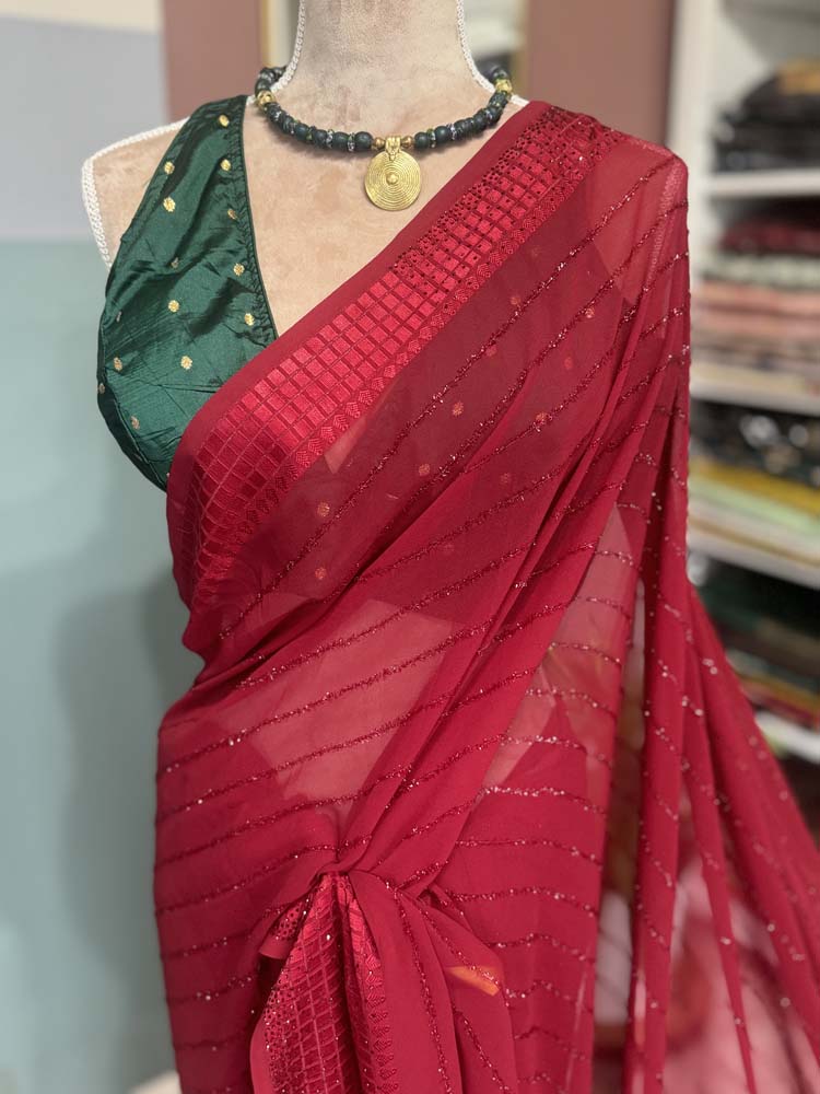 Maroon Semi Chiffon Saree with Crystals