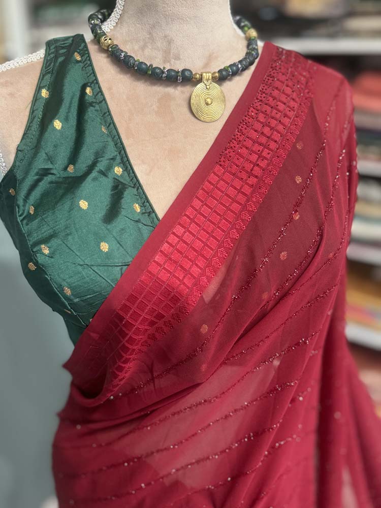 Maroon Semi Chiffon Saree with Crystals