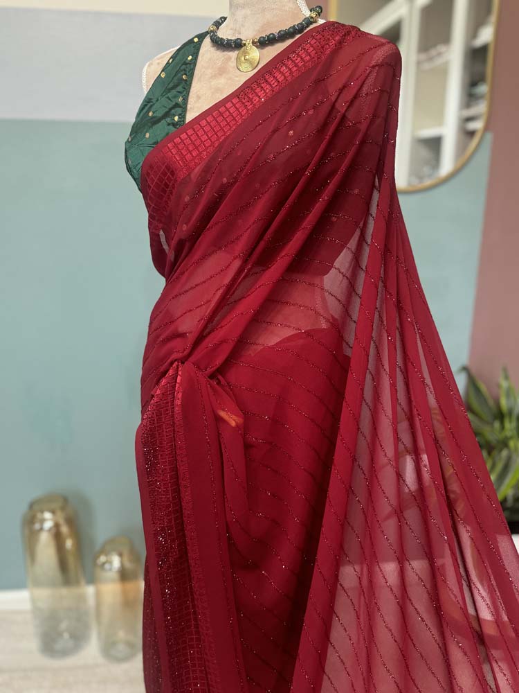 Maroon Semi Chiffon Saree with Crystals