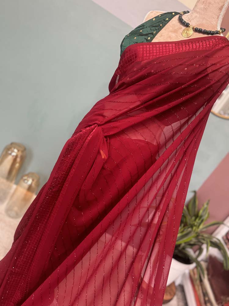 Maroon Semi Chiffon Saree with Crystals