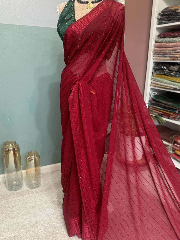 Maroon Semi Chiffon Saree with Crystals