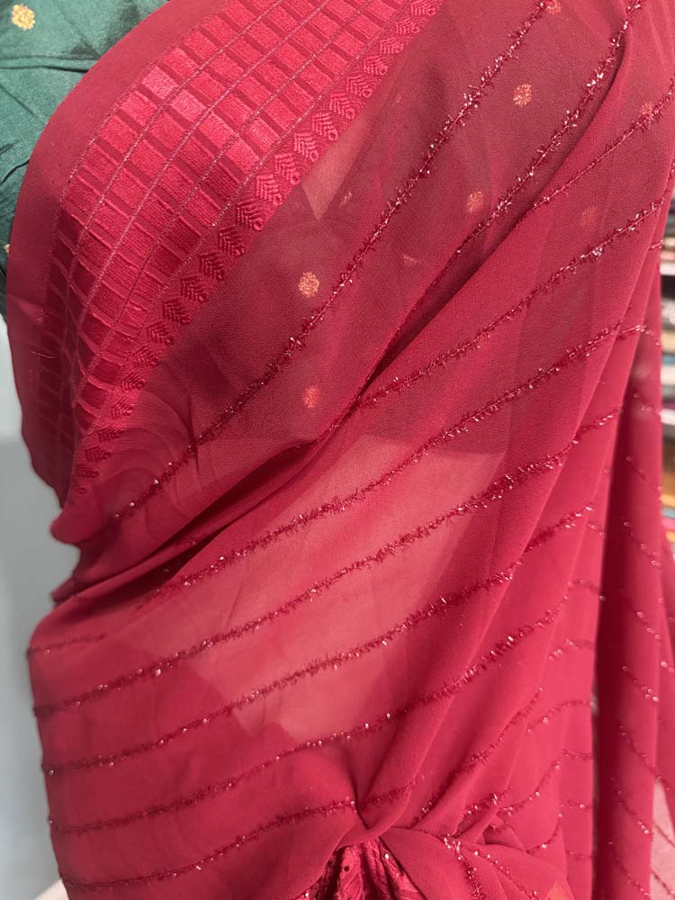 Maroon Semi Chiffon Saree with Crystals