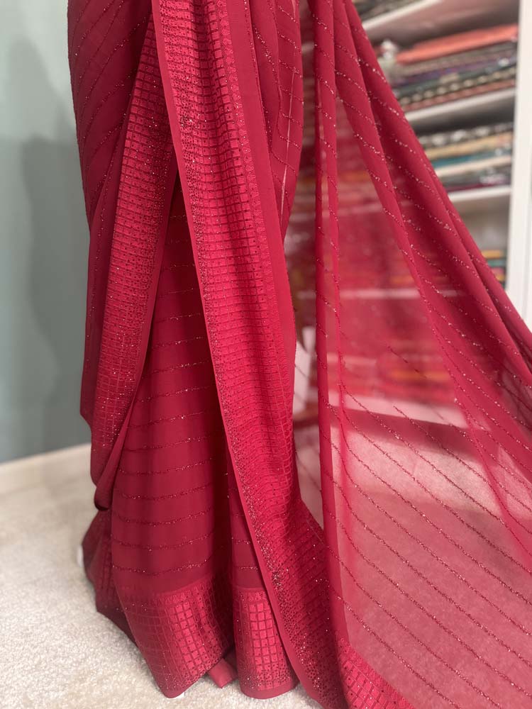 Maroon Semi Chiffon Saree with Crystals