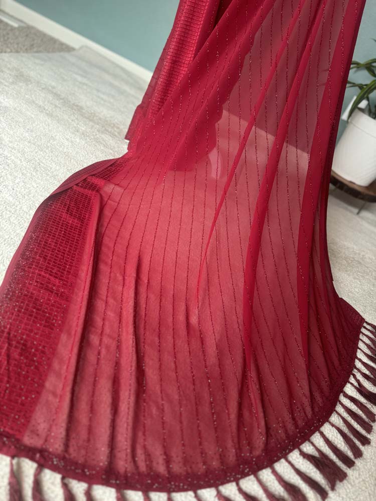 Maroon Semi Chiffon Saree with Crystals