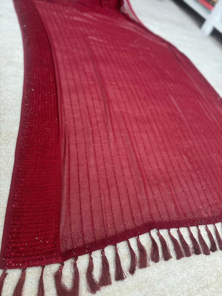 Maroon Semi Chiffon Saree with Crystals