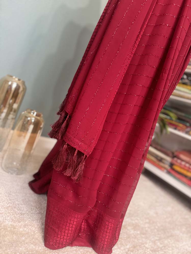 Maroon Semi Chiffon Saree with Crystals