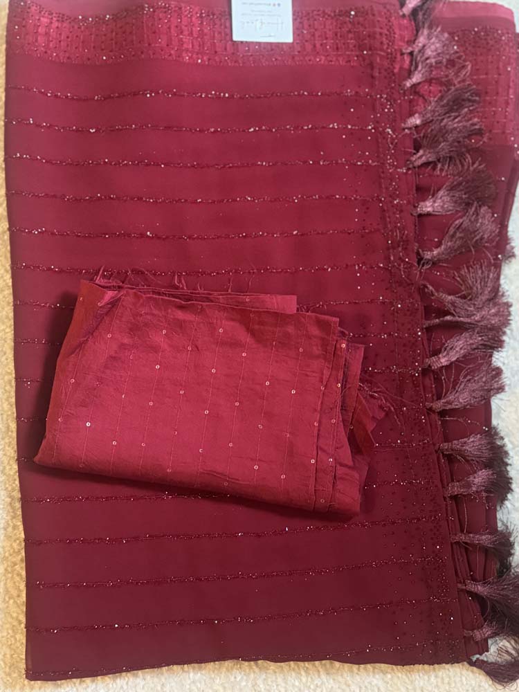 Maroon Semi Chiffon Saree with Crystals