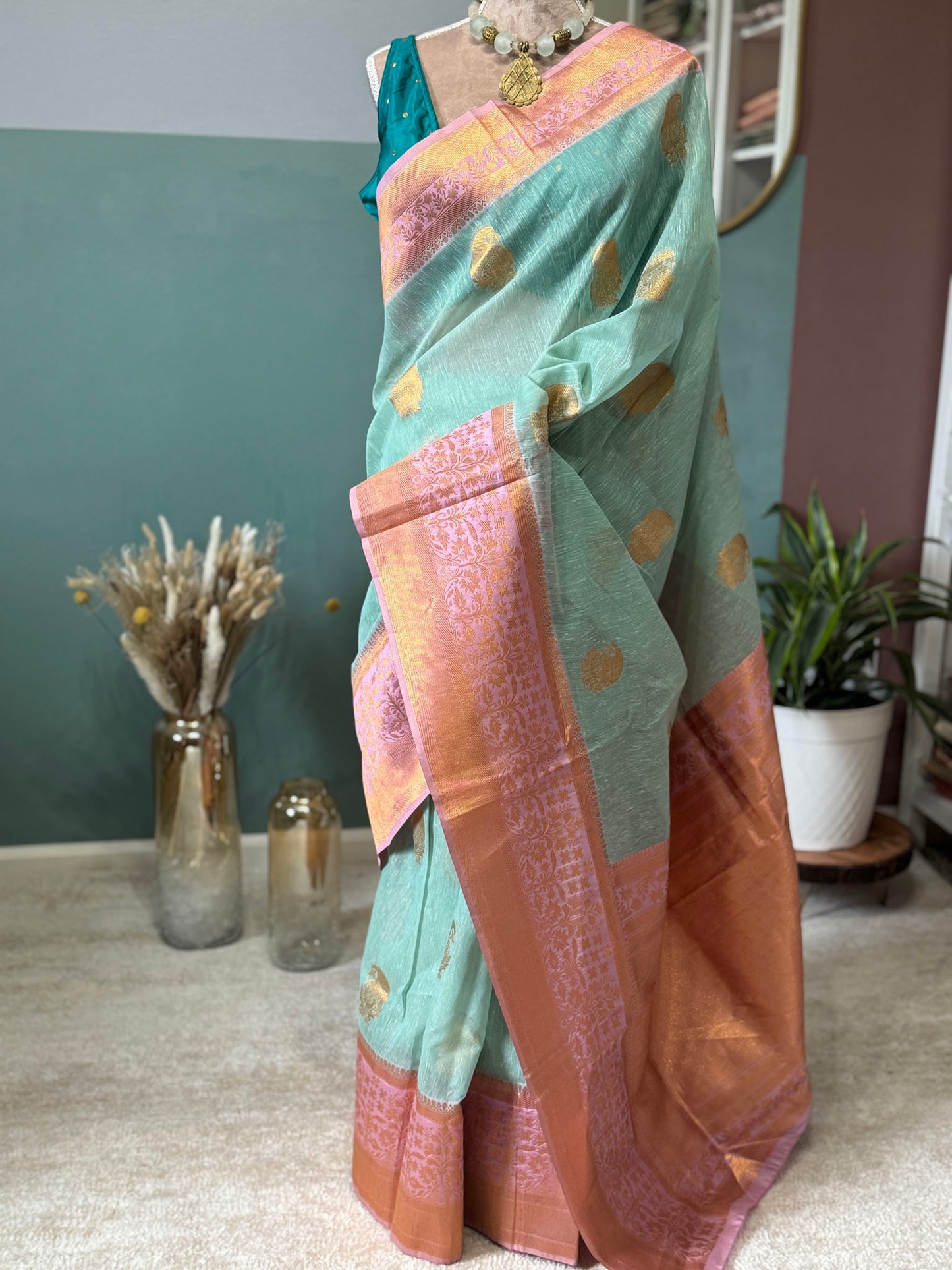 Light Green Pink Organza Woven Saree