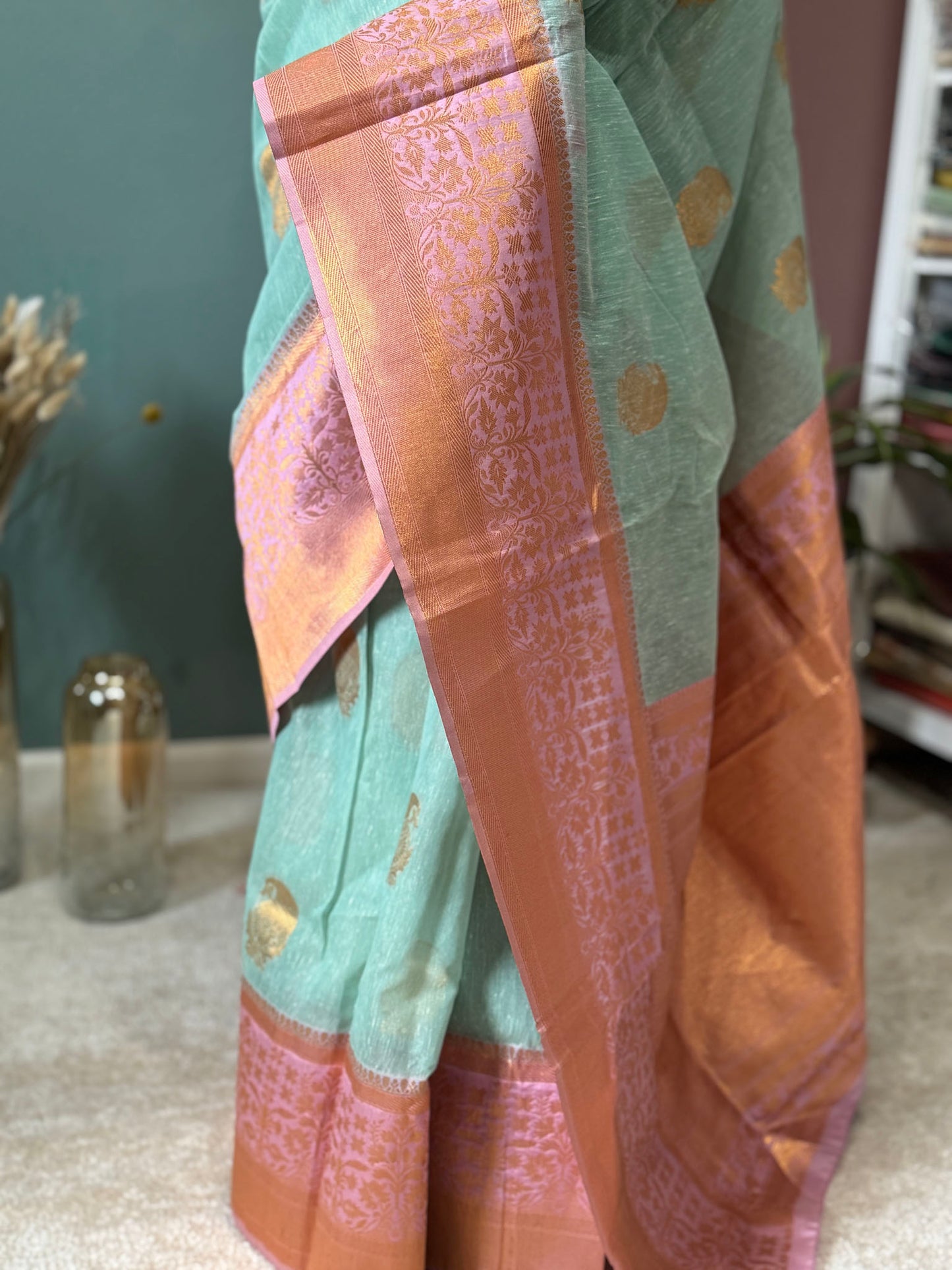 Light Green Pink Organza Woven Saree