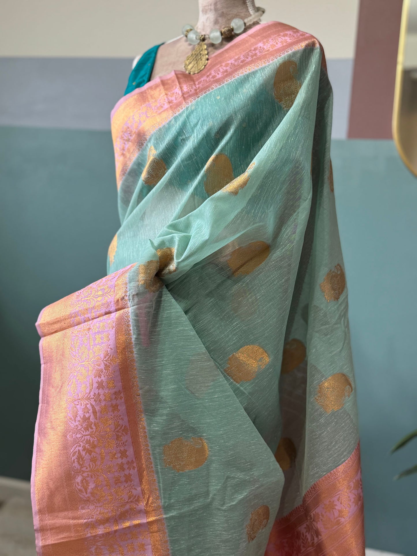 Light Green Pink Organza Woven Saree