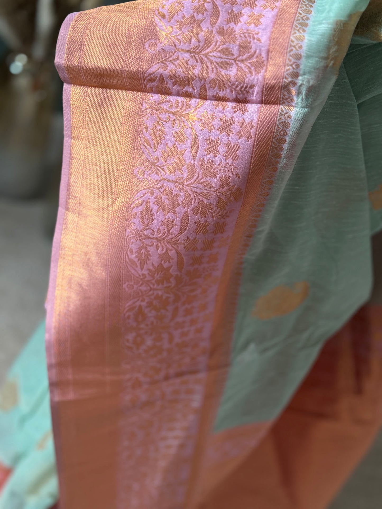 Light Green Pink Organza Woven Saree