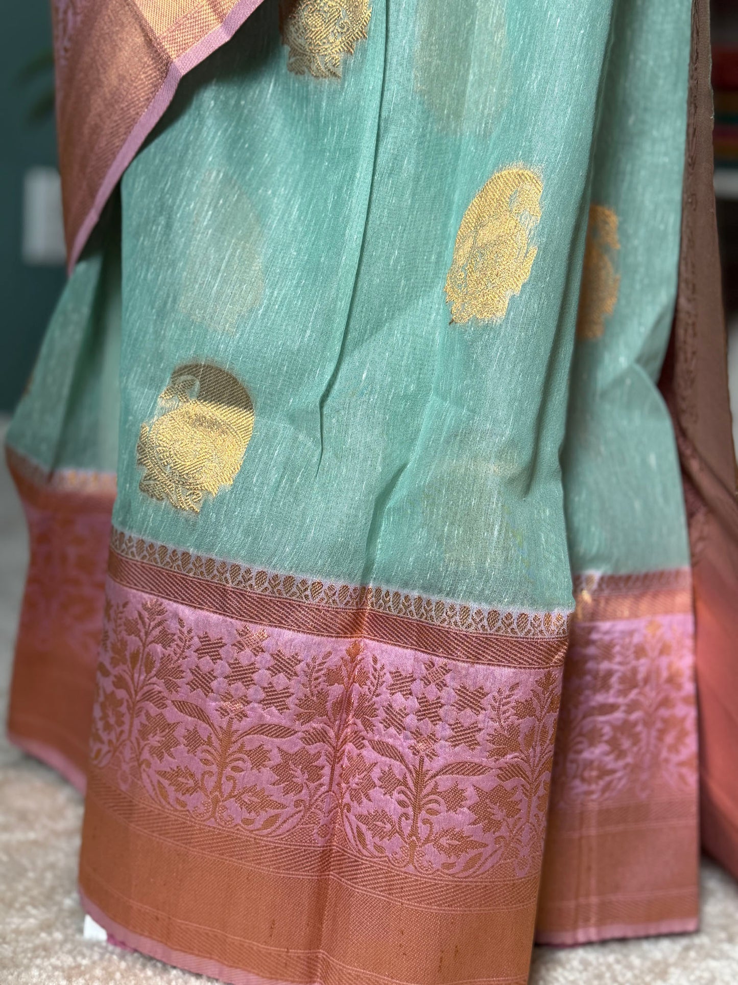 Light Green Pink Organza Woven Saree