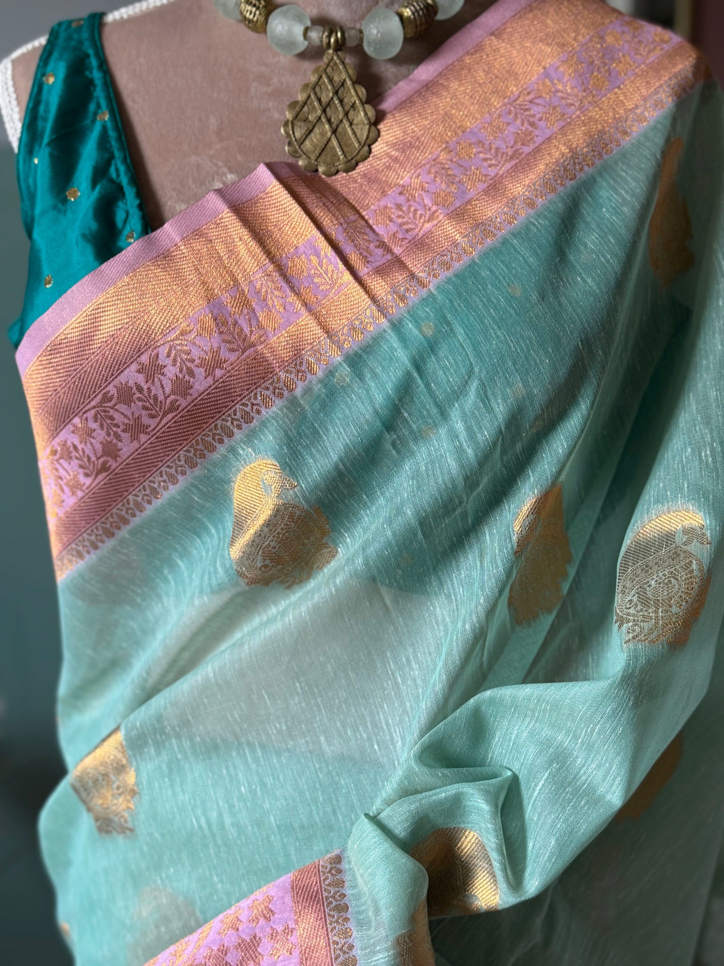 Light Green Pink Organza Woven Saree