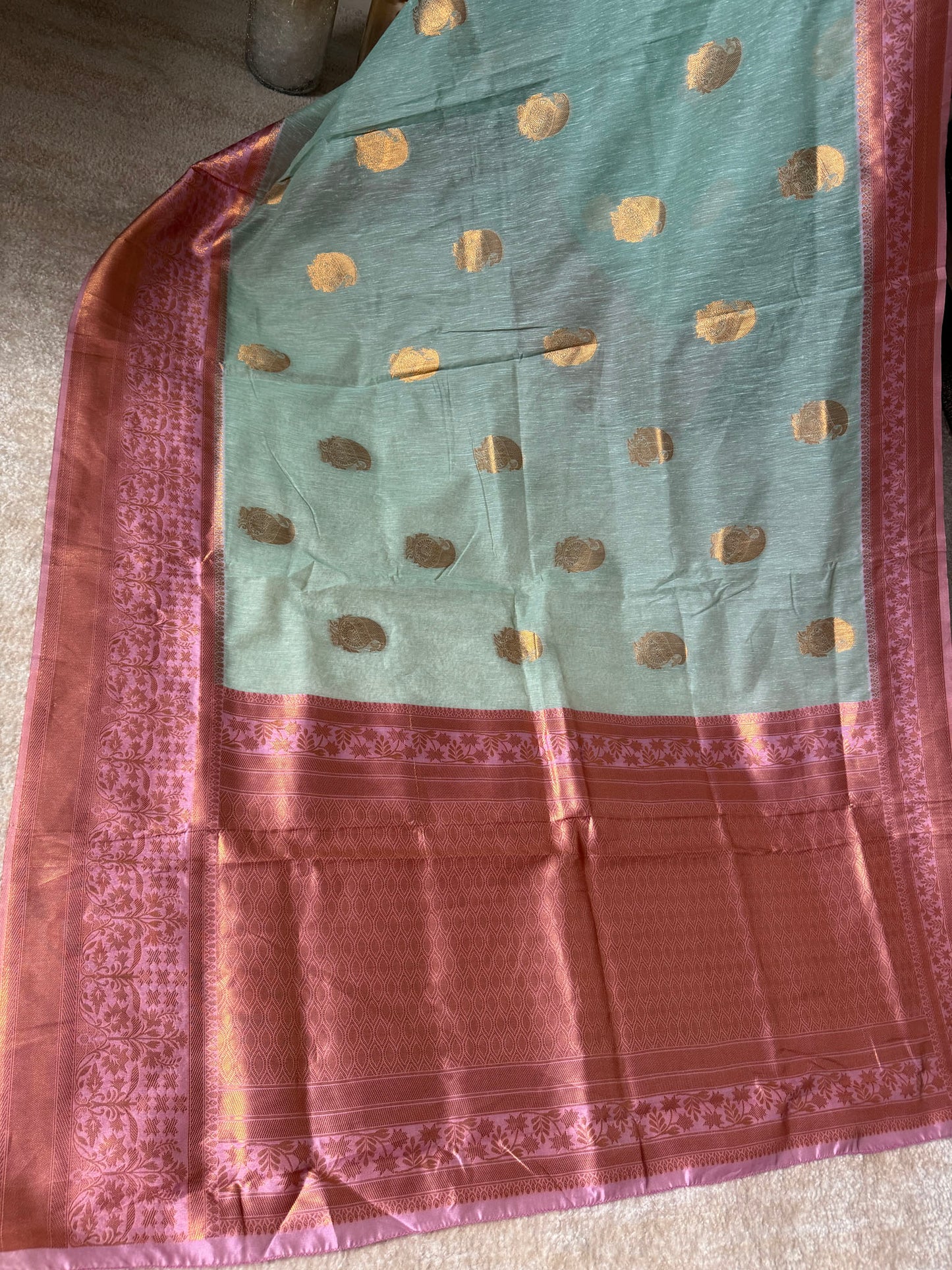 Light Green Pink Organza Woven Saree