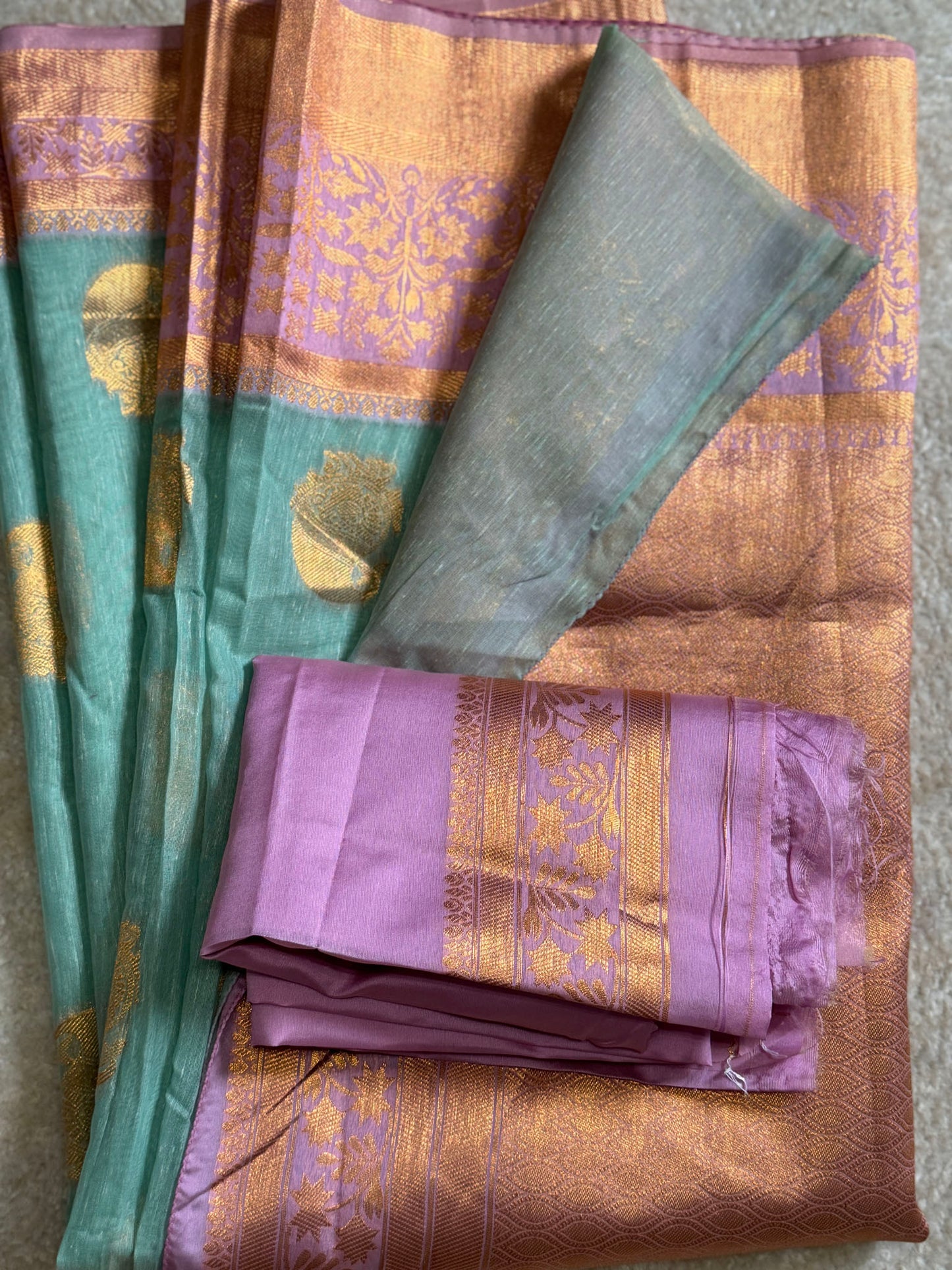 Light Green Pink Organza Woven Saree