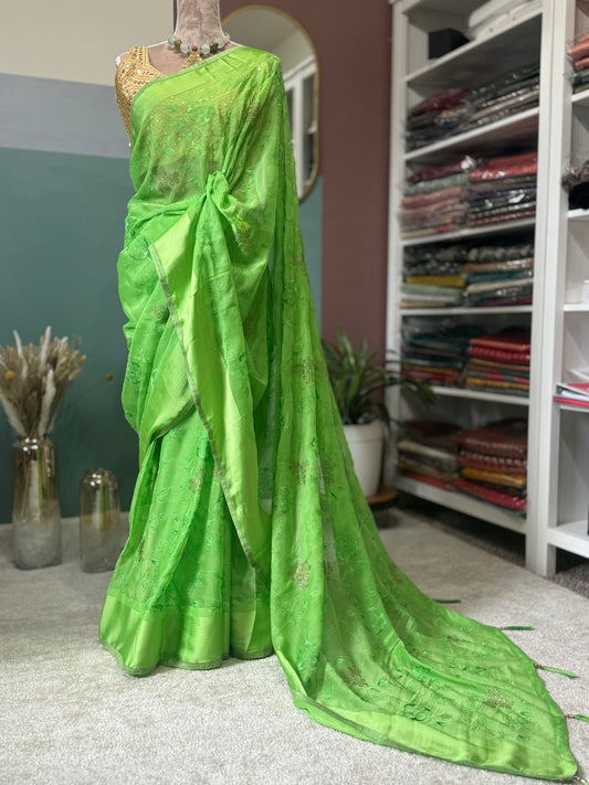 Pista Green Semi Chiffon with crystals & embroidery