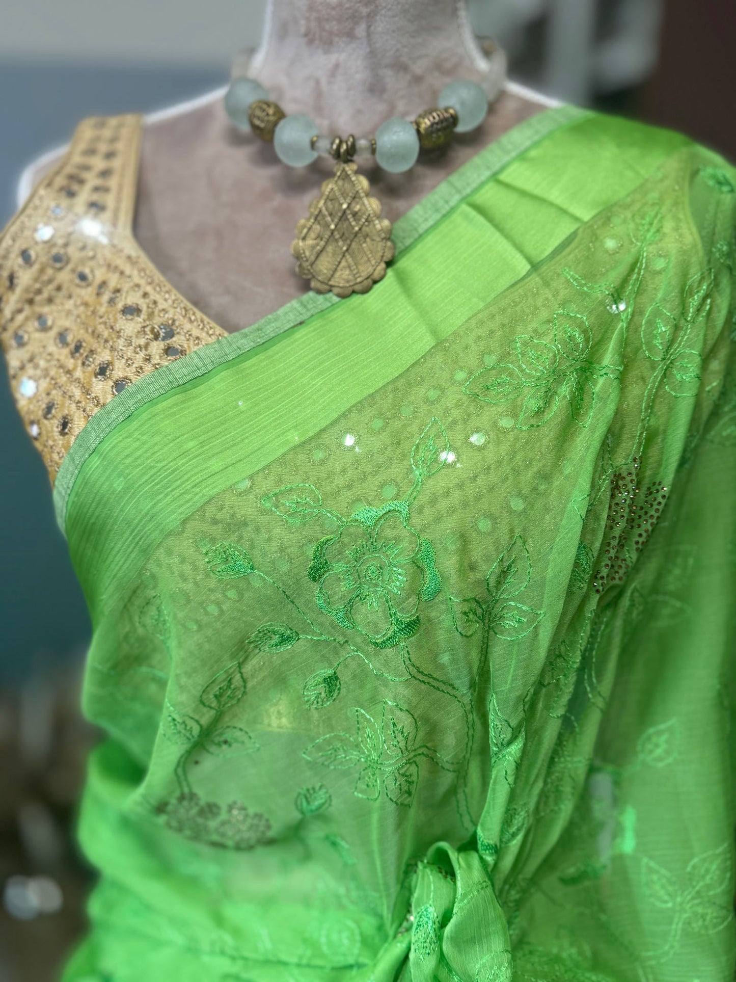 Pista Green Semi Chiffon with crystals & embroidery