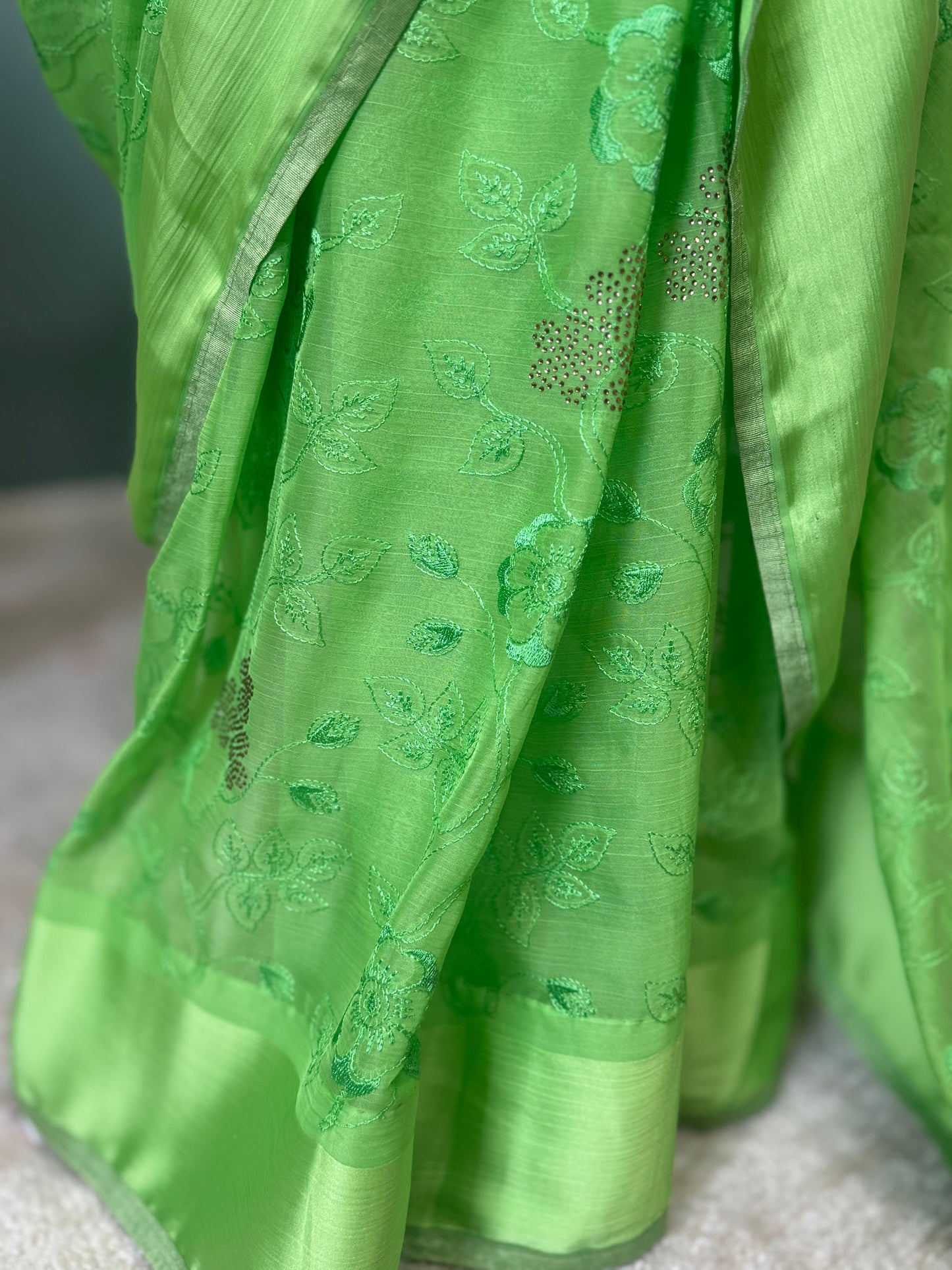 Pista Green Semi Chiffon with crystals & embroidery