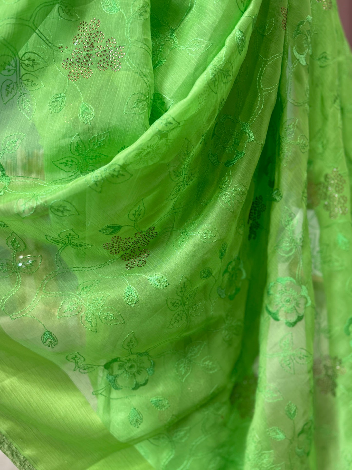 Pista Green Semi Chiffon with crystals & embroidery