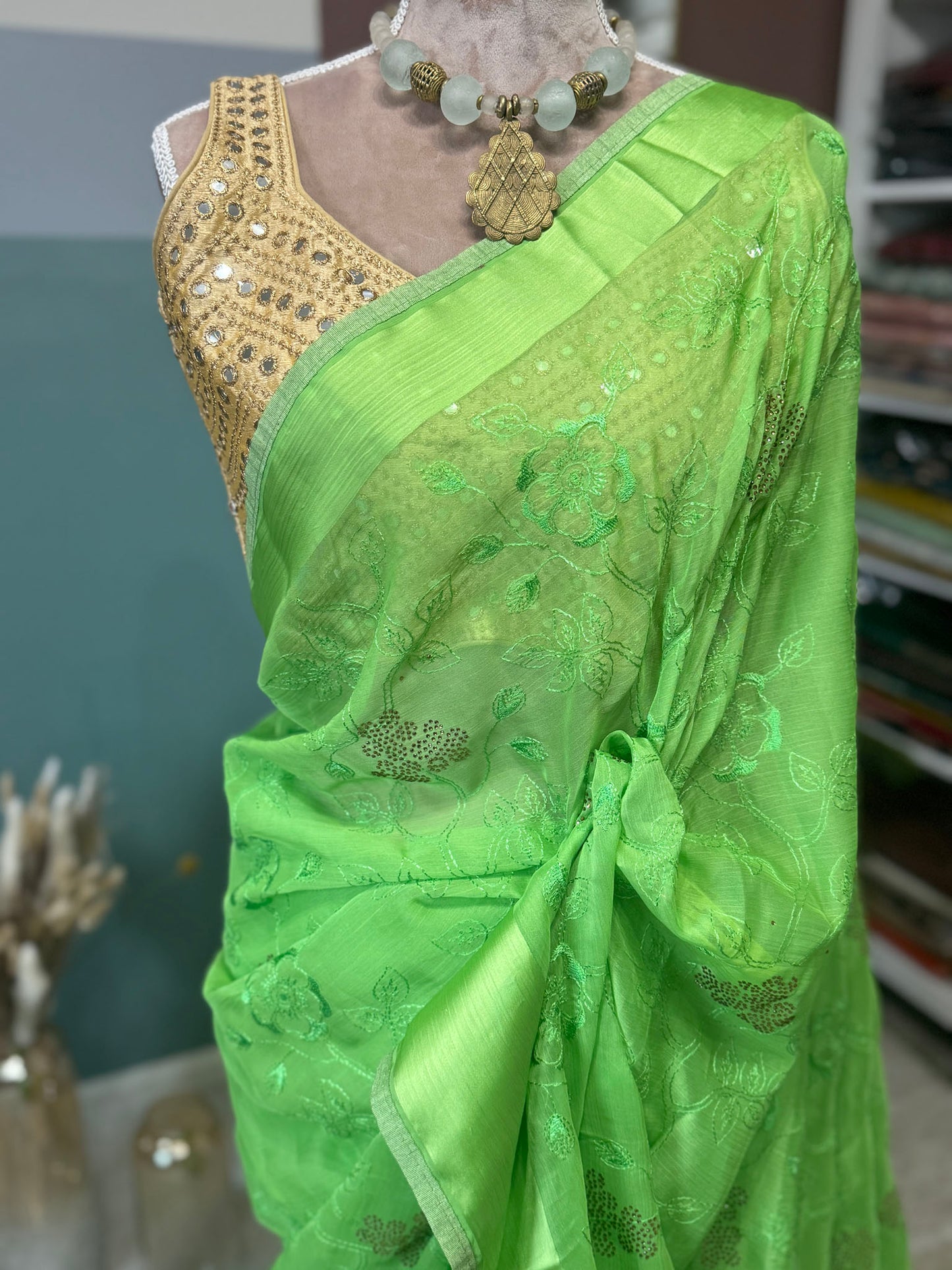 Pista Green Semi Chiffon with crystals & embroidery