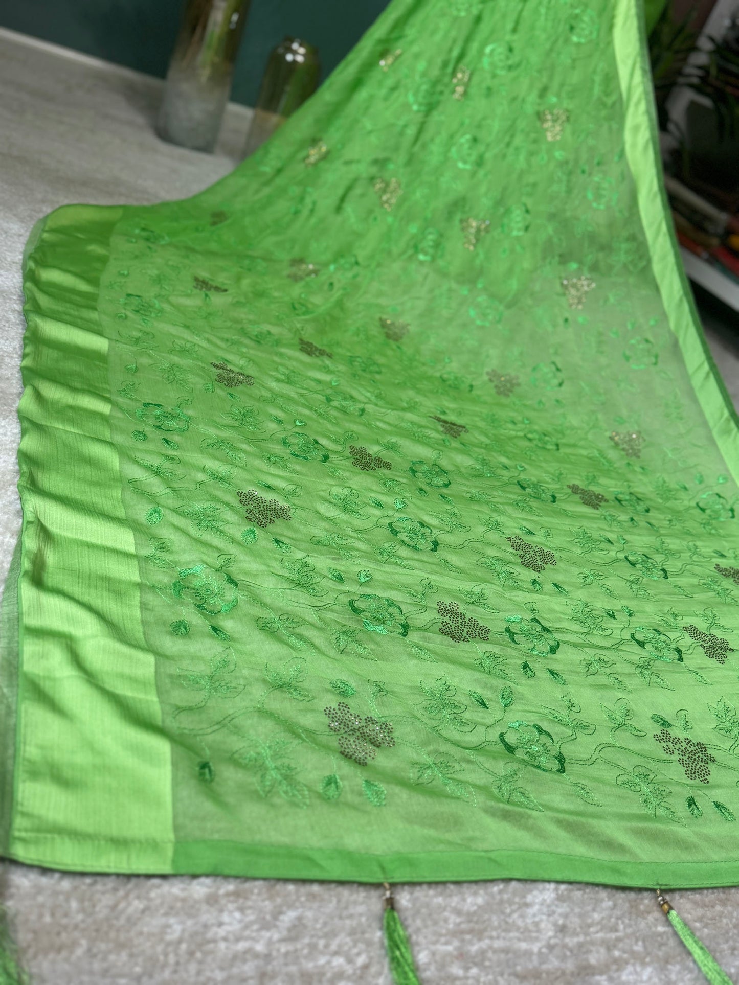 Pista Green Semi Chiffon with crystals & embroidery