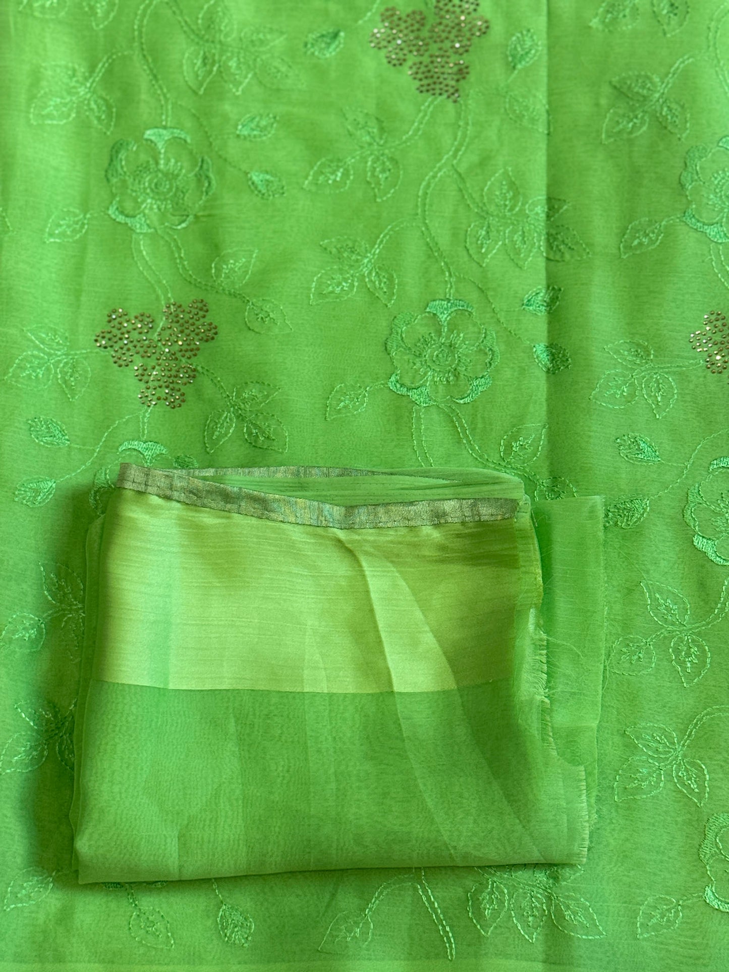 Pista Green Semi Chiffon with crystals & embroidery