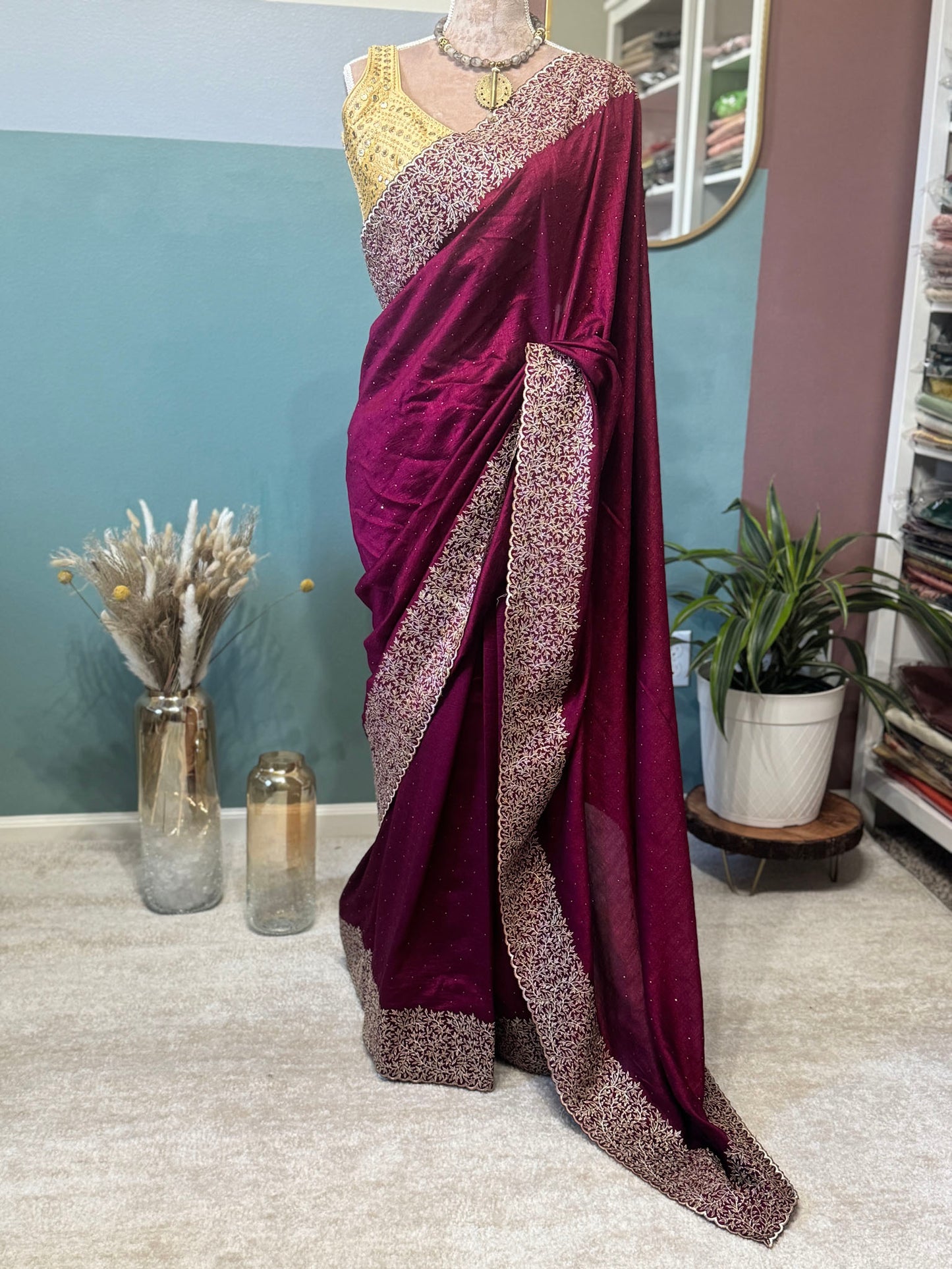 Wine Georgette Saree with Gold Zari Embroidery