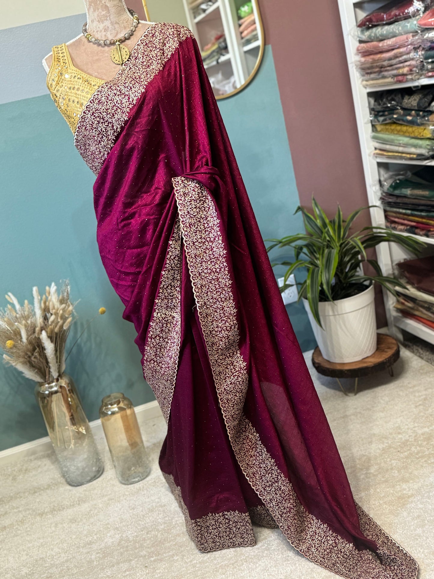 Wine Georgette Saree with Gold Zari Embroidery