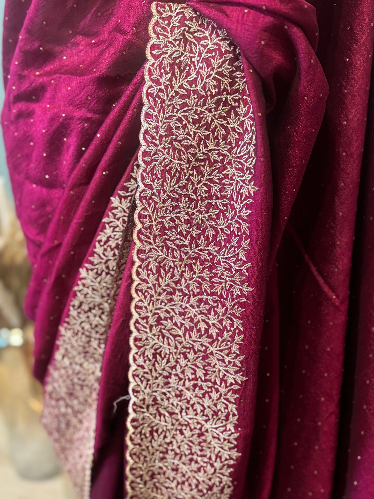 Wine Georgette Saree with Gold Zari Embroidery