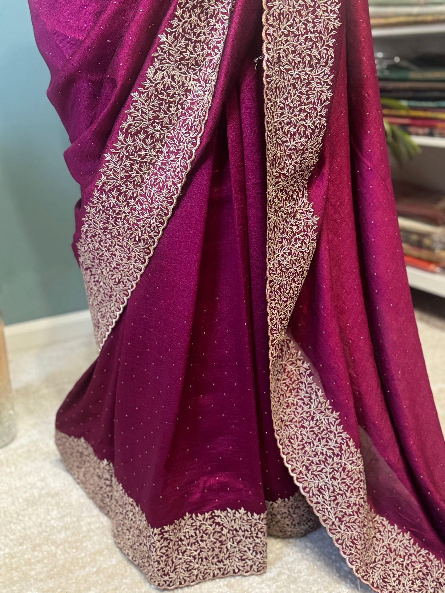 Wine Georgette Saree with Gold Zari Embroidery