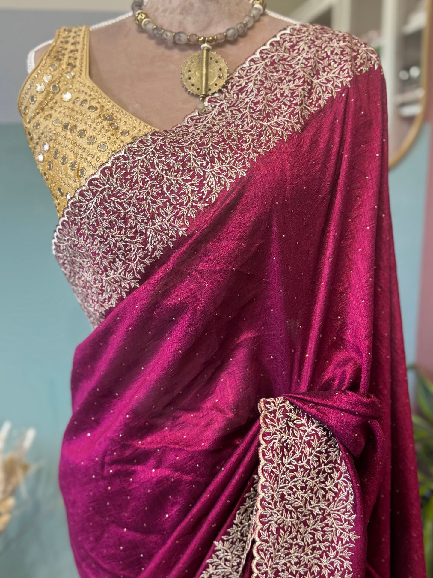 Wine Georgette Saree with Gold Zari Embroidery