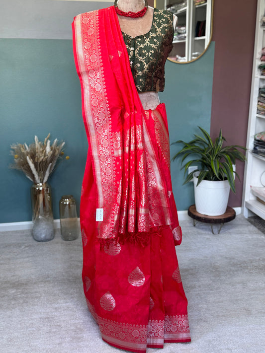 Tomato Red Silver Banarasi Silk Saree