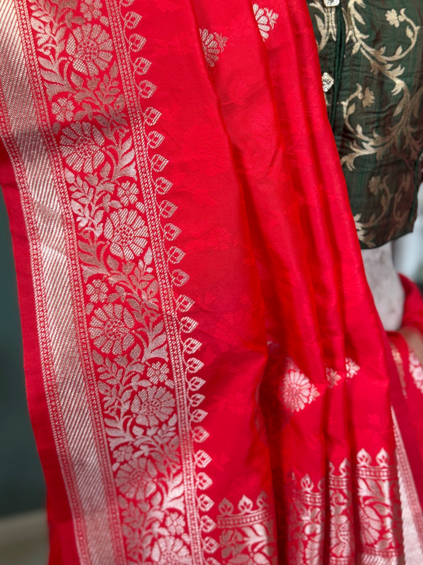 Tomato Red Silver Banarasi Silk Saree