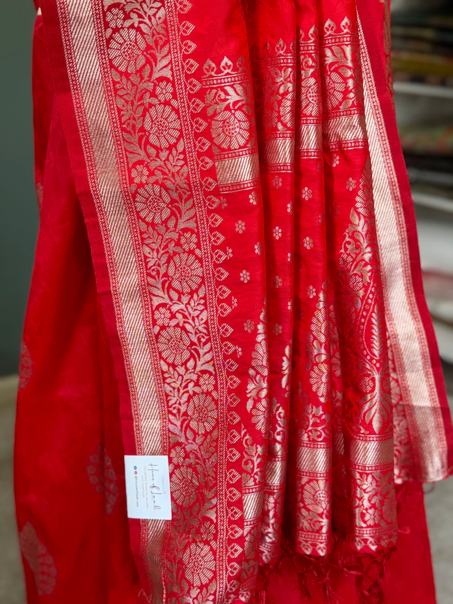 Tomato Red Silver Banarasi Silk Saree