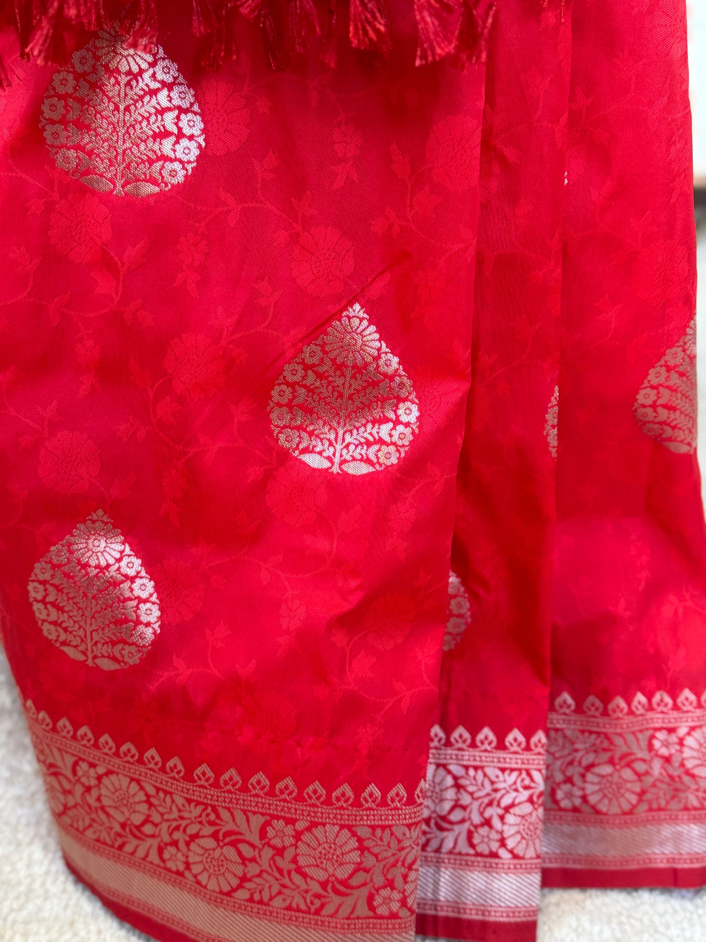 Tomato Red Silver Banarasi Silk Saree