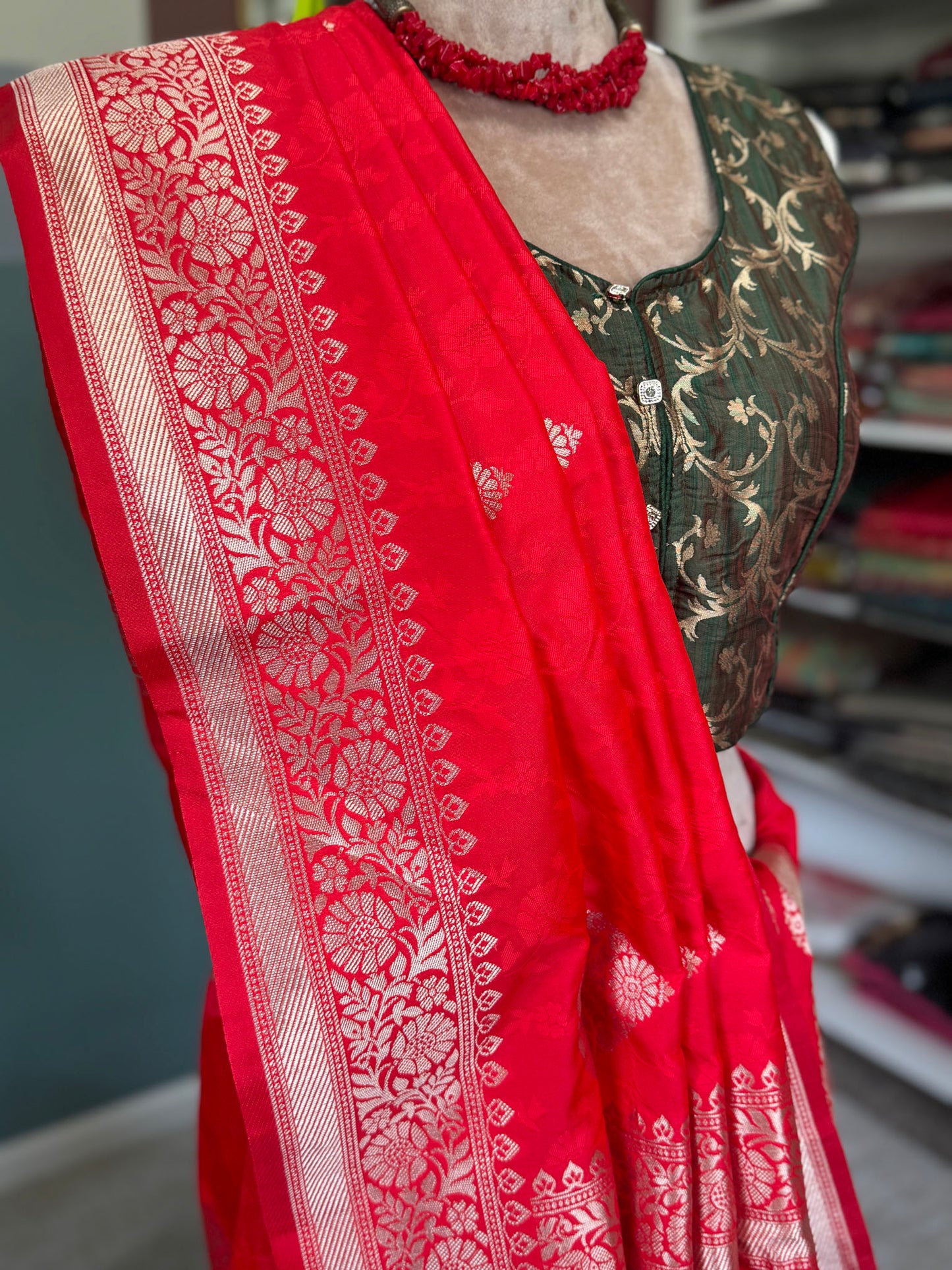 Tomato Red Silver Banarasi Silk Saree