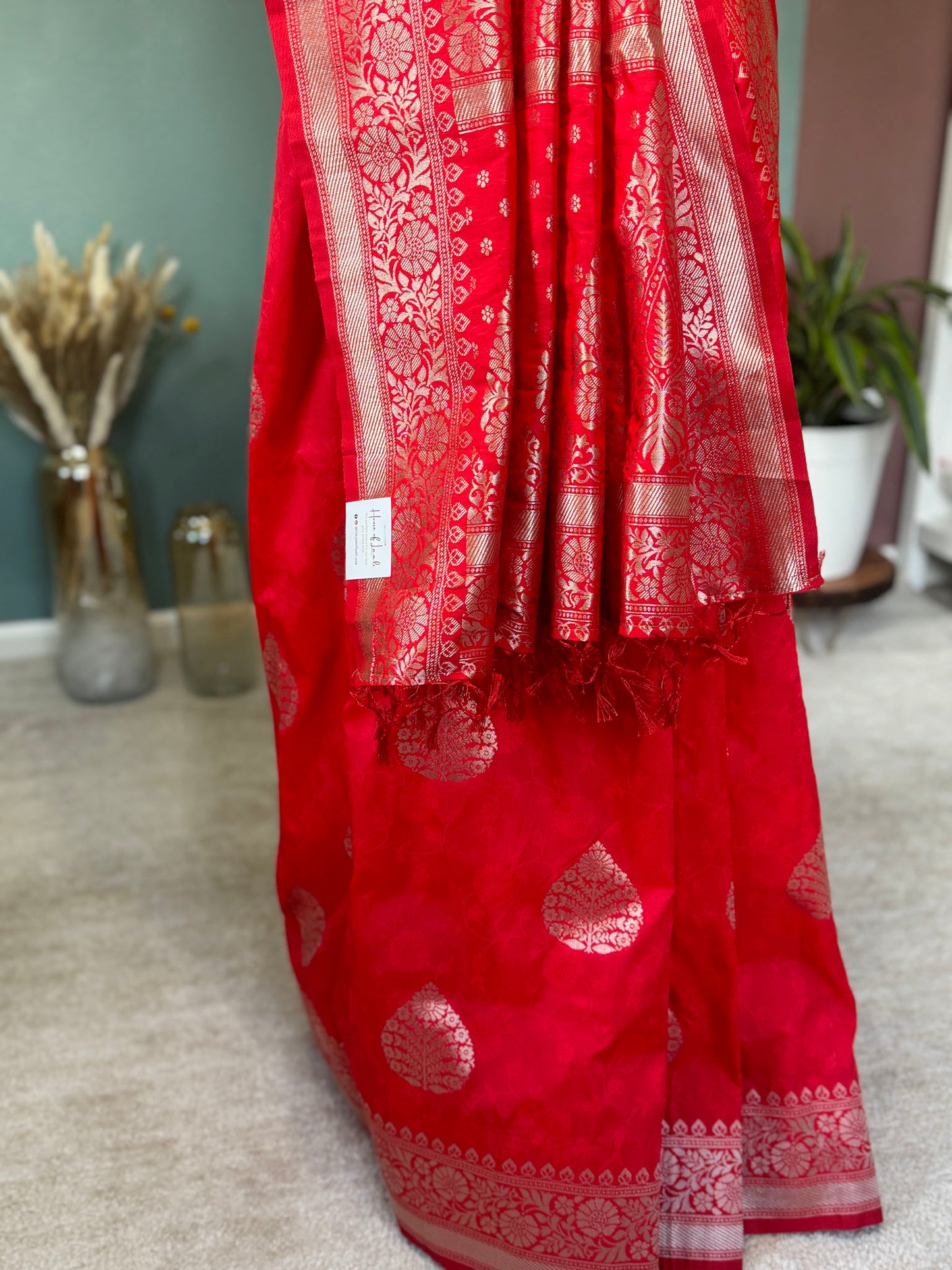 Tomato Red Silver Banarasi Silk Saree