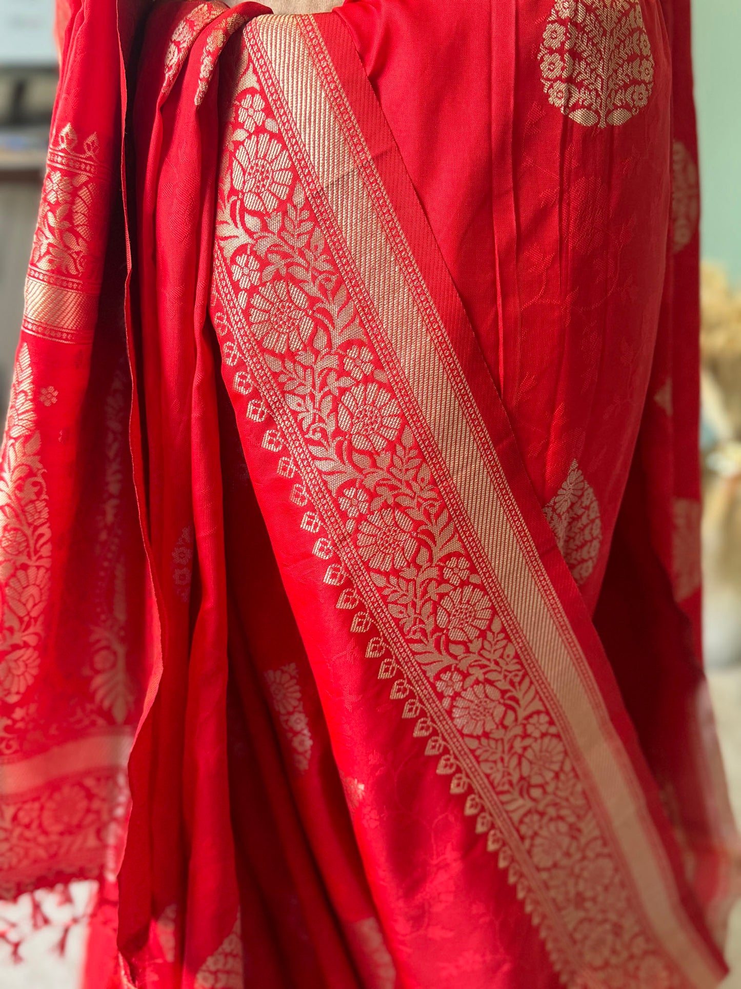 Tomato Red Silver Banarasi Silk Saree