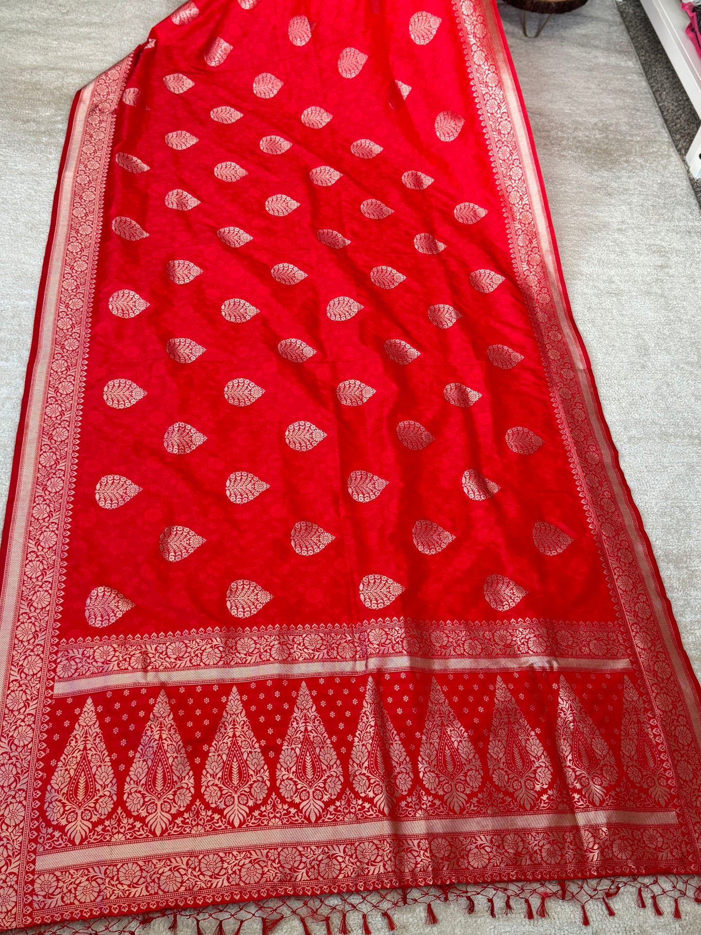 Tomato Red Silver Banarasi Silk Saree