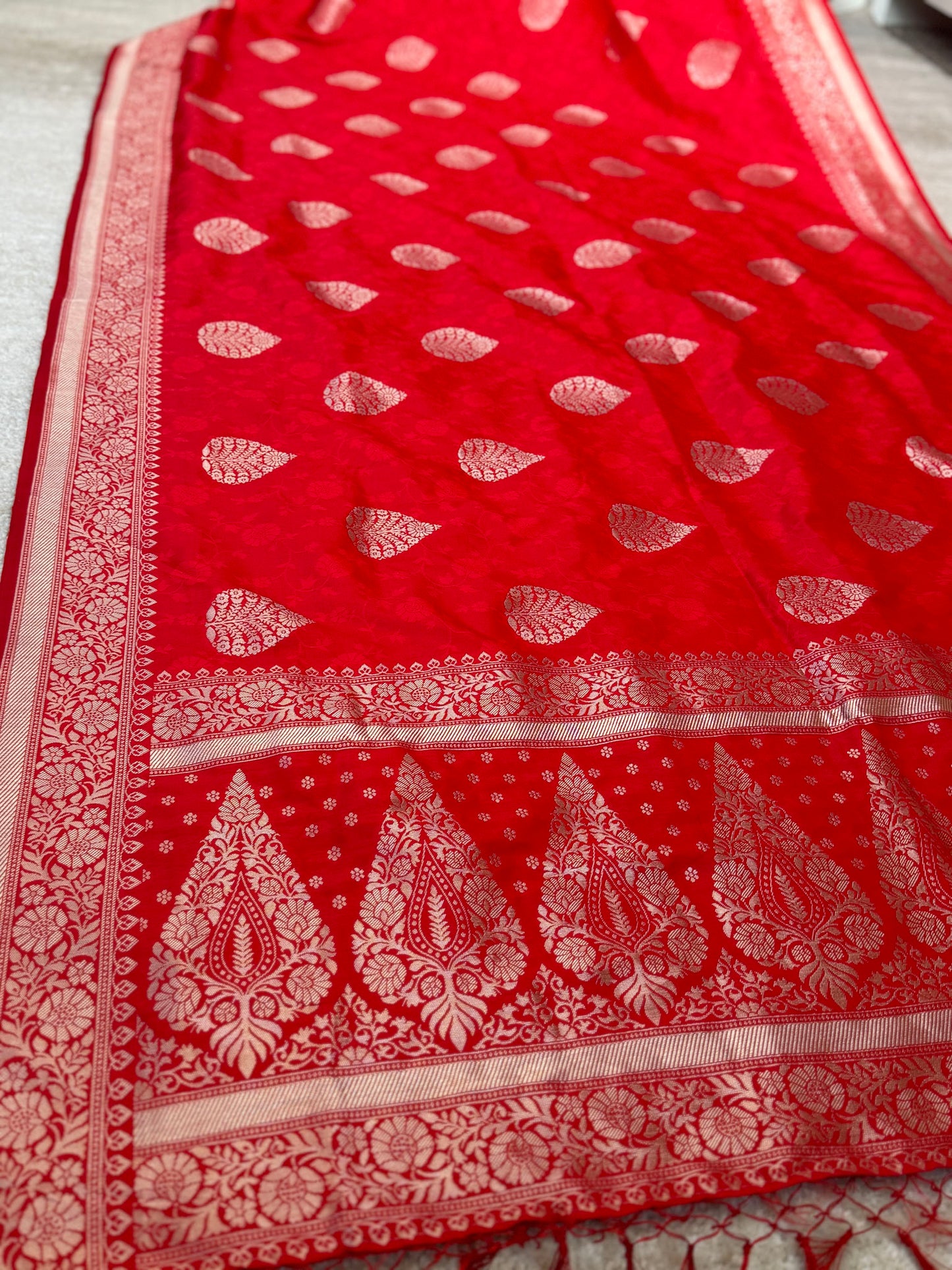 Tomato Red Silver Banarasi Silk Saree