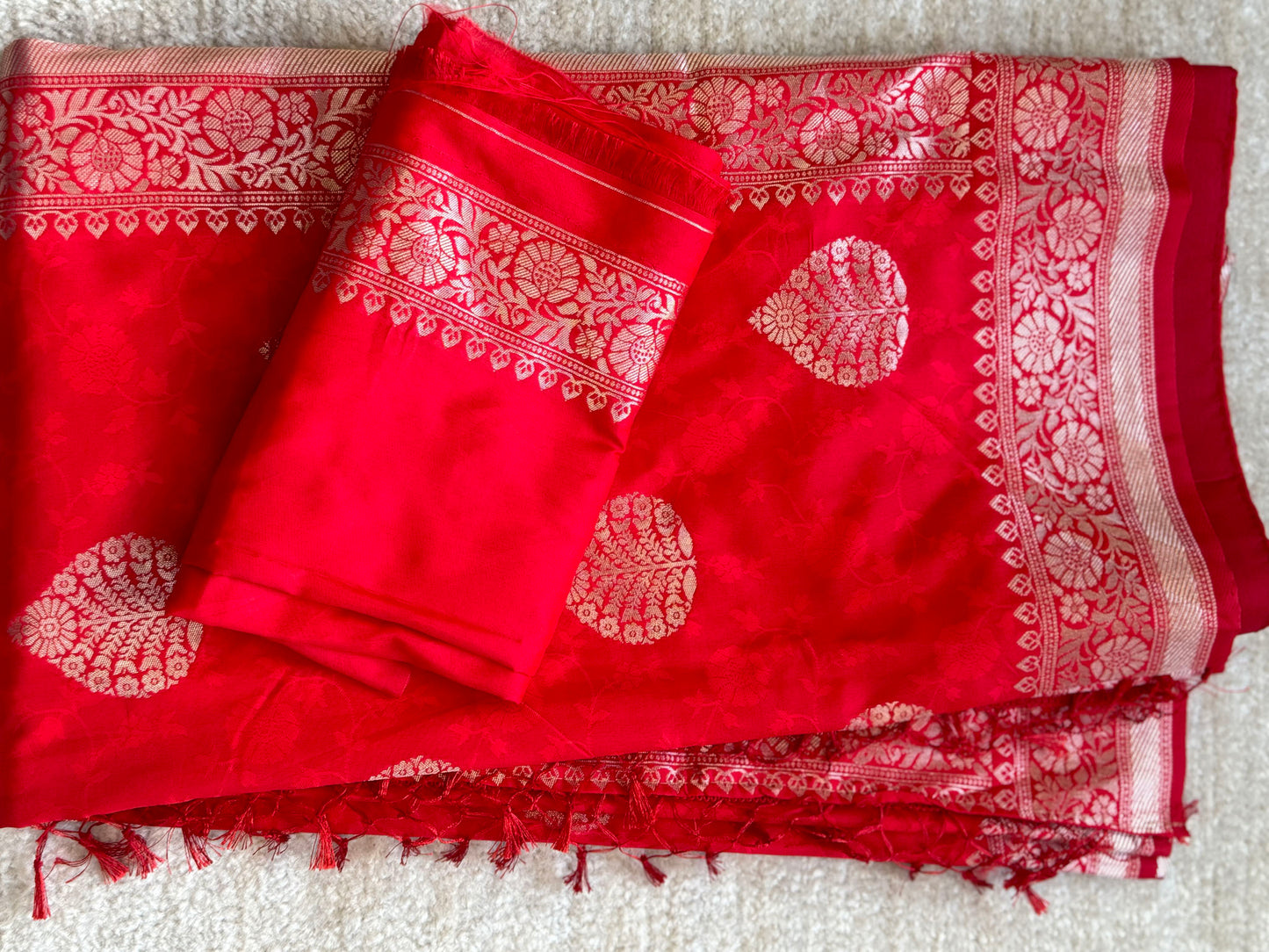 Tomato Red Silver Banarasi Silk Saree