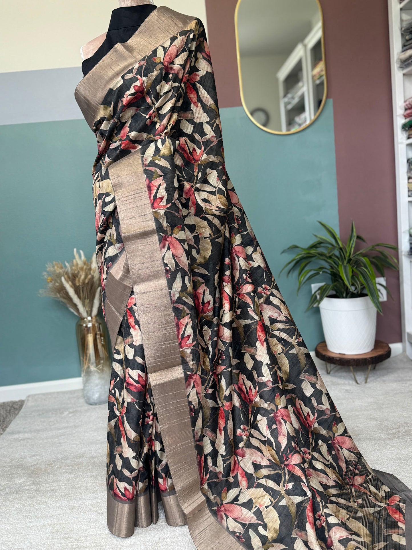 Black Floral Printed Matka Silk Saree