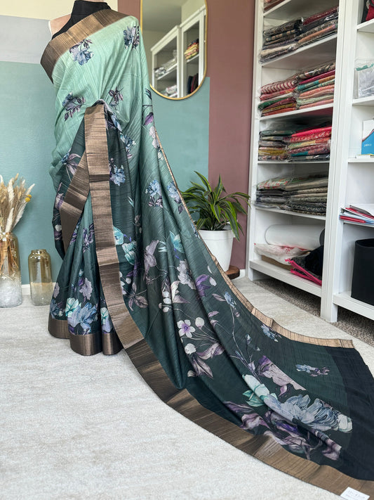 Two Tone Green Floral Printed Matka Silk Saree